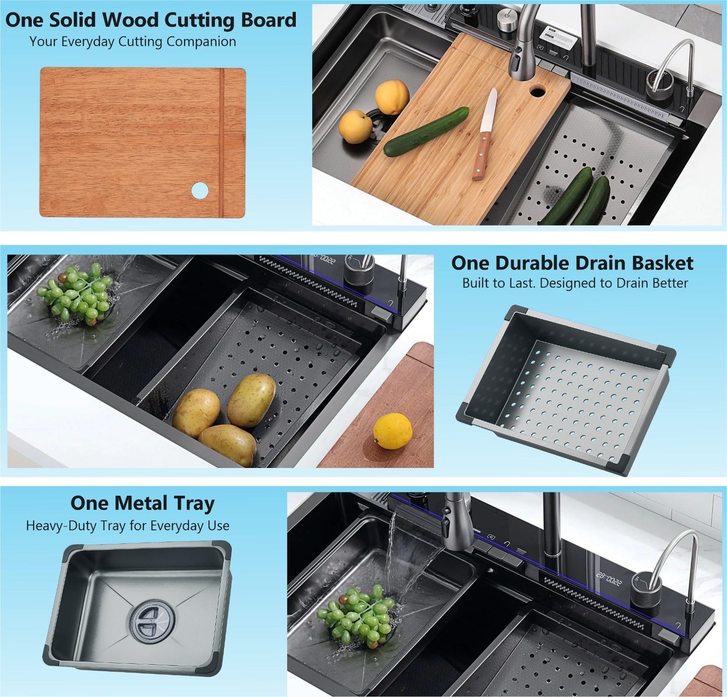 (30 x 18 x 10) Inch Premium Piano Smart Kitchen Sink Black