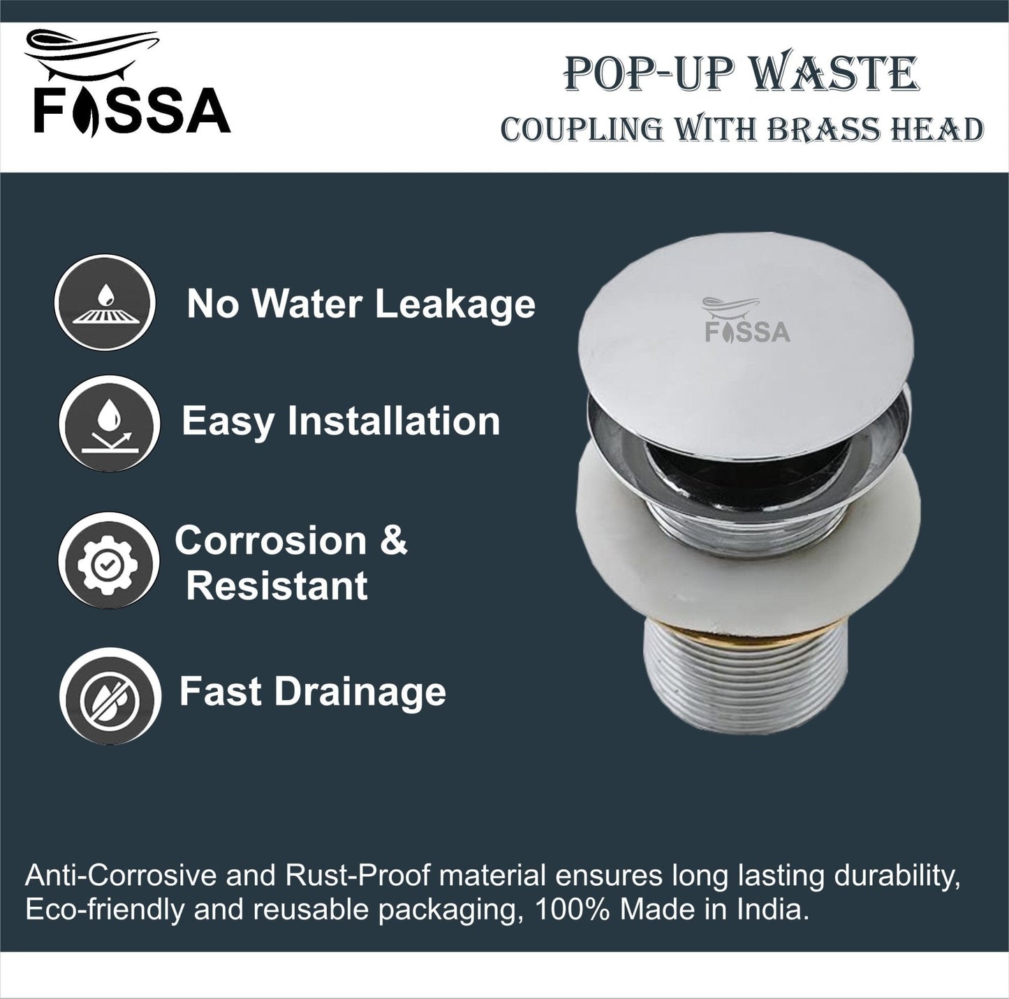 Fossa 3" Inch Brass Pop Up Waste Coupling with Smooth Push Button,Waste Coupling,Drain Out let System Pop up Full Threaded Waste Coupling (Chrome Finish)