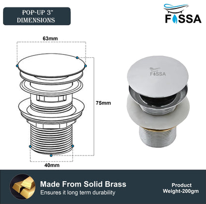 Fossa 3" Inch Brass Pop Up Waste Coupling with Smooth Push Button,Waste Coupling,Drain Out let System Pop up Full Threaded Waste Coupling (Chrome Finish)