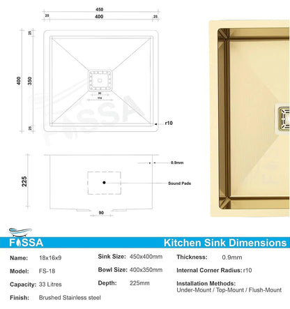 Fossa 18"x16"x09" Inch Single Bowl Premium Stainless Steel Handmade Kitchen Sink Gold