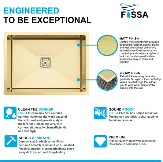 Fossa 18"x16"x09" Inch Single Bowl Premium Stainless Steel Handmade Kitchen Sink Gold
