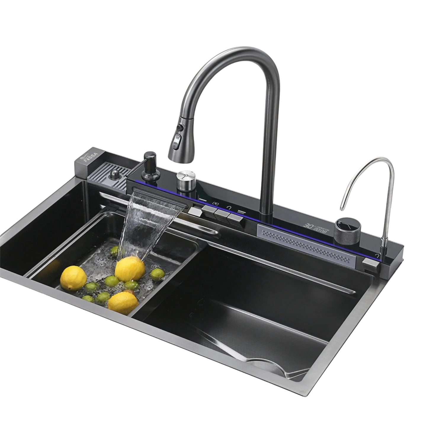 Fossa 30"x18"x10" inch Piano Fully Equipped Kitchen Sink with Integrated Waterfall and Pull-down Faucets - Premium Stainless Steel Sink with LED Pannel and Digital Display - Nano Black Finish