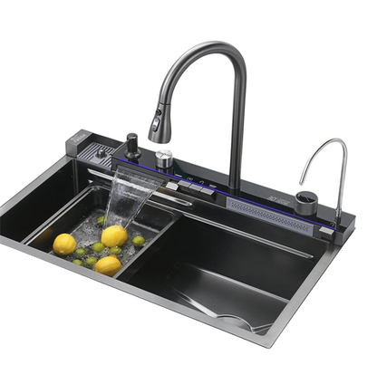 Fossa 30"x18"x10" inch Piano Fully Equipped Kitchen Sink with Integrated Waterfall and Pull-down Faucets - Premium Stainless Steel Sink with LED Pannel and Digital Display - Nano Black Finish