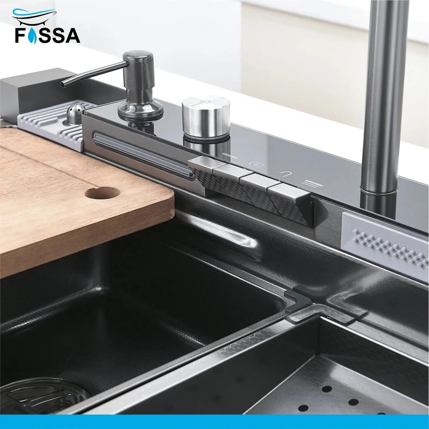 Fossa 30"x18"x10" inch Piano Fully Equipped Kitchen Sink with Integrated Waterfall and Pull-down Faucets - Premium Stainless Steel Sink with LED Pannel and Digital Display - Nano Black Finish